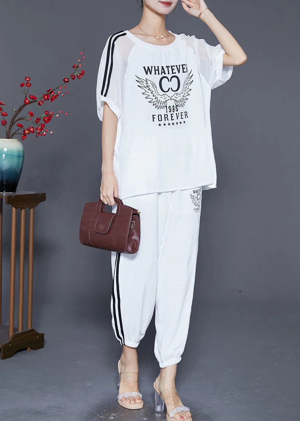 Classy White Oversized Print Linen Silk Two Pieces Set Summer LY6866