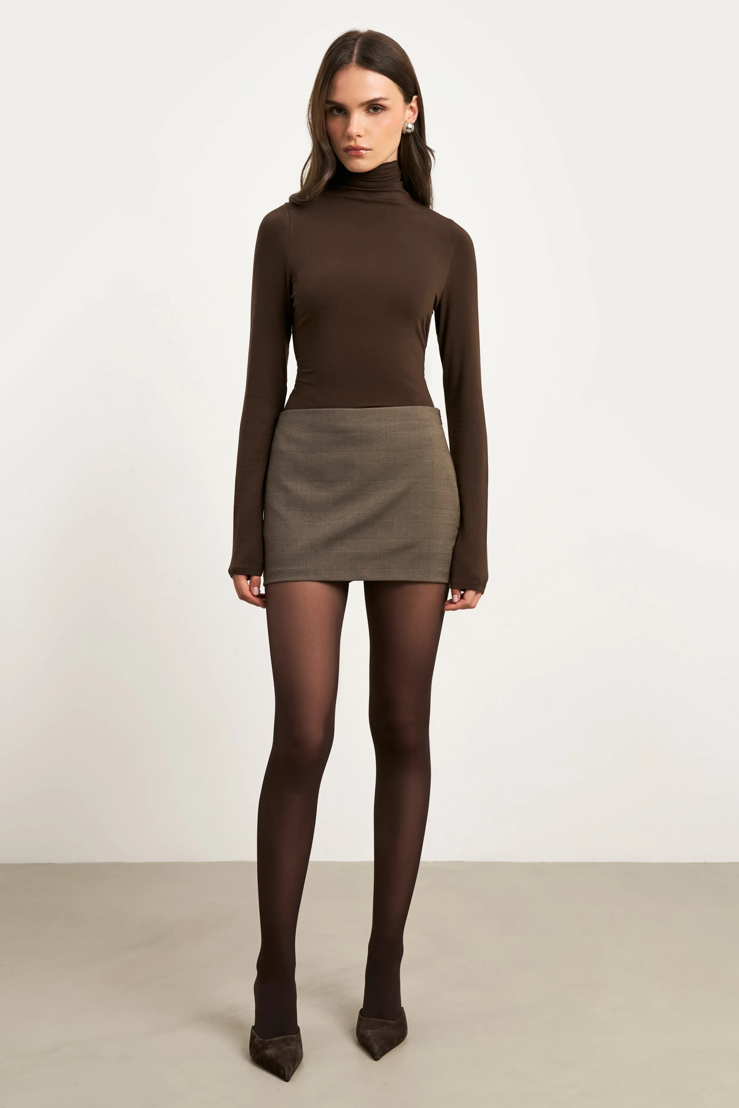 Clean Cut Micro Skirt - Carob Check Sporty Casual Side Slit