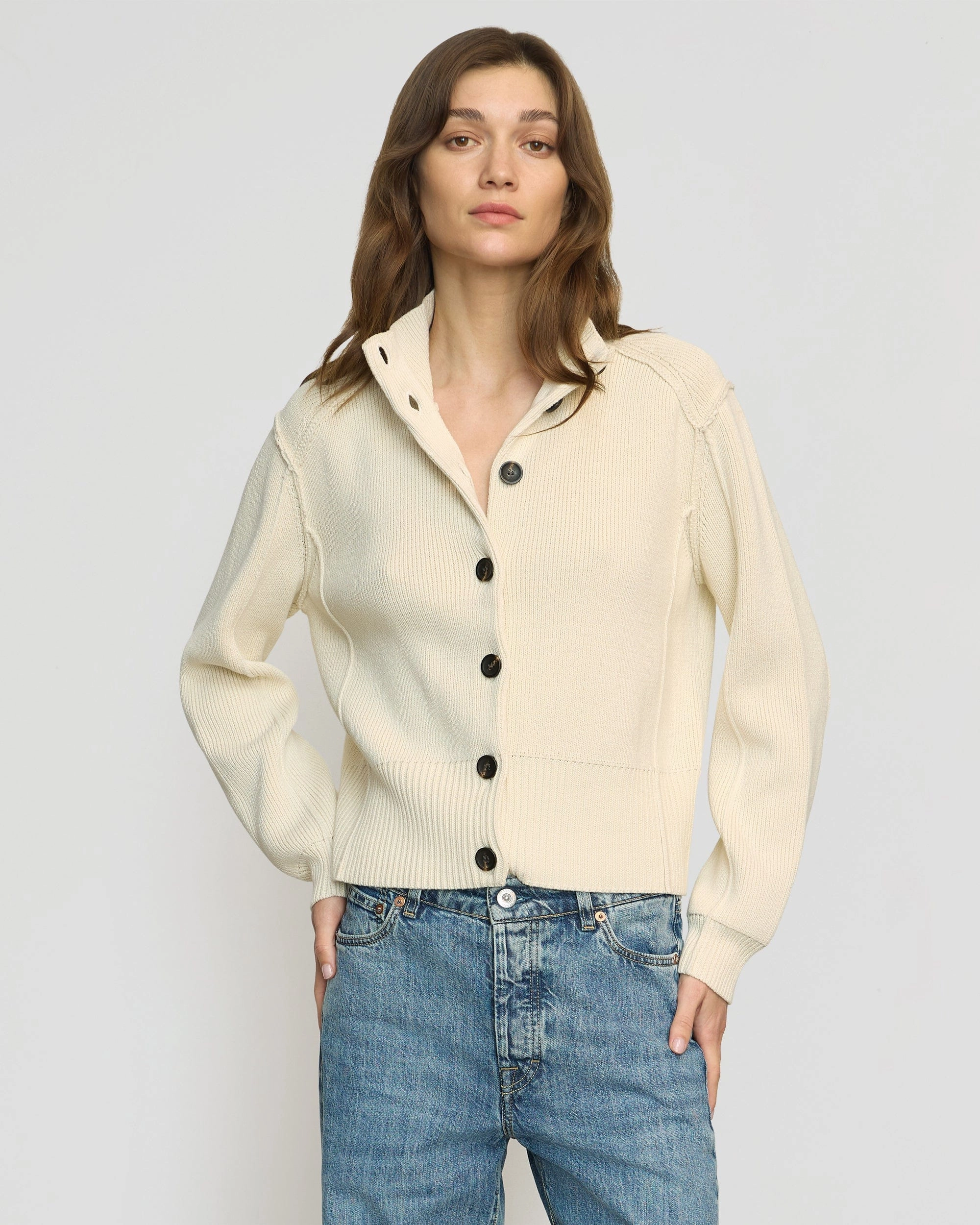 Simple Chic Durable Reinforced Elbows Clove Button Mock-Neck Knit Cardigan