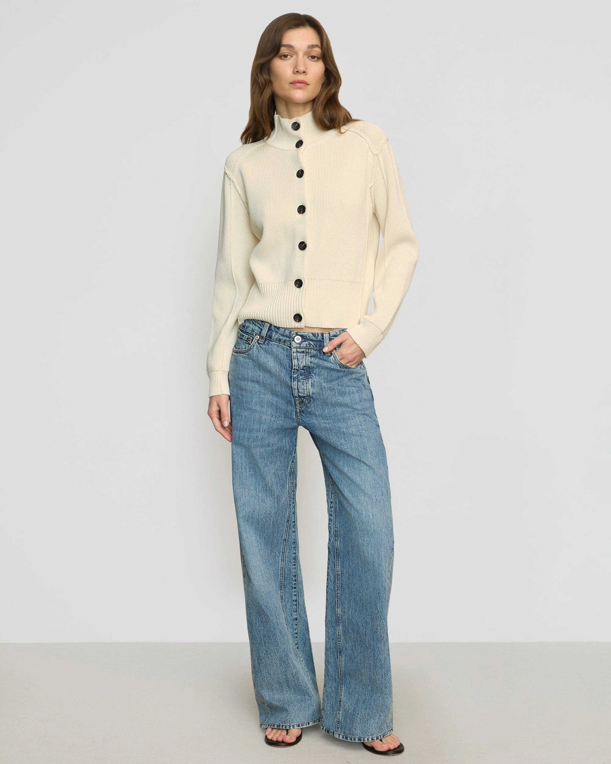 Versatile Look Relaxed Comfort Fit Clove Button Mock-Neck Knit Cardigan