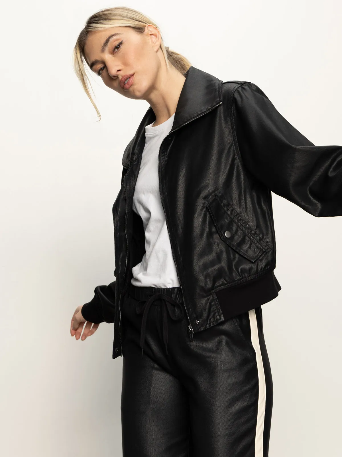 Long Sleeve Urban Wear Coated Twill Bomber Jacket Black