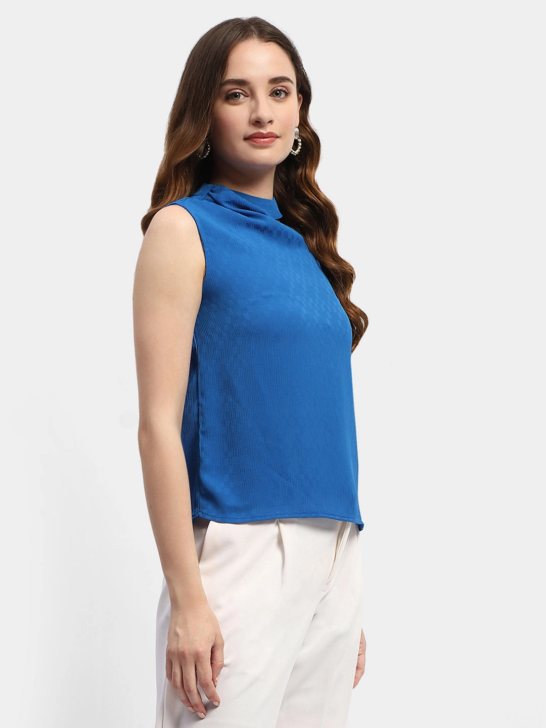 Lightweight Durable Stitching Madame Cowl Neck Royal Blue Top