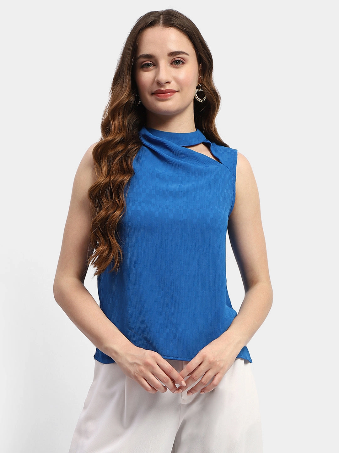 Formal Shirt Sheer Overlay Material Madame Cowl Neck Royal Blue Top
