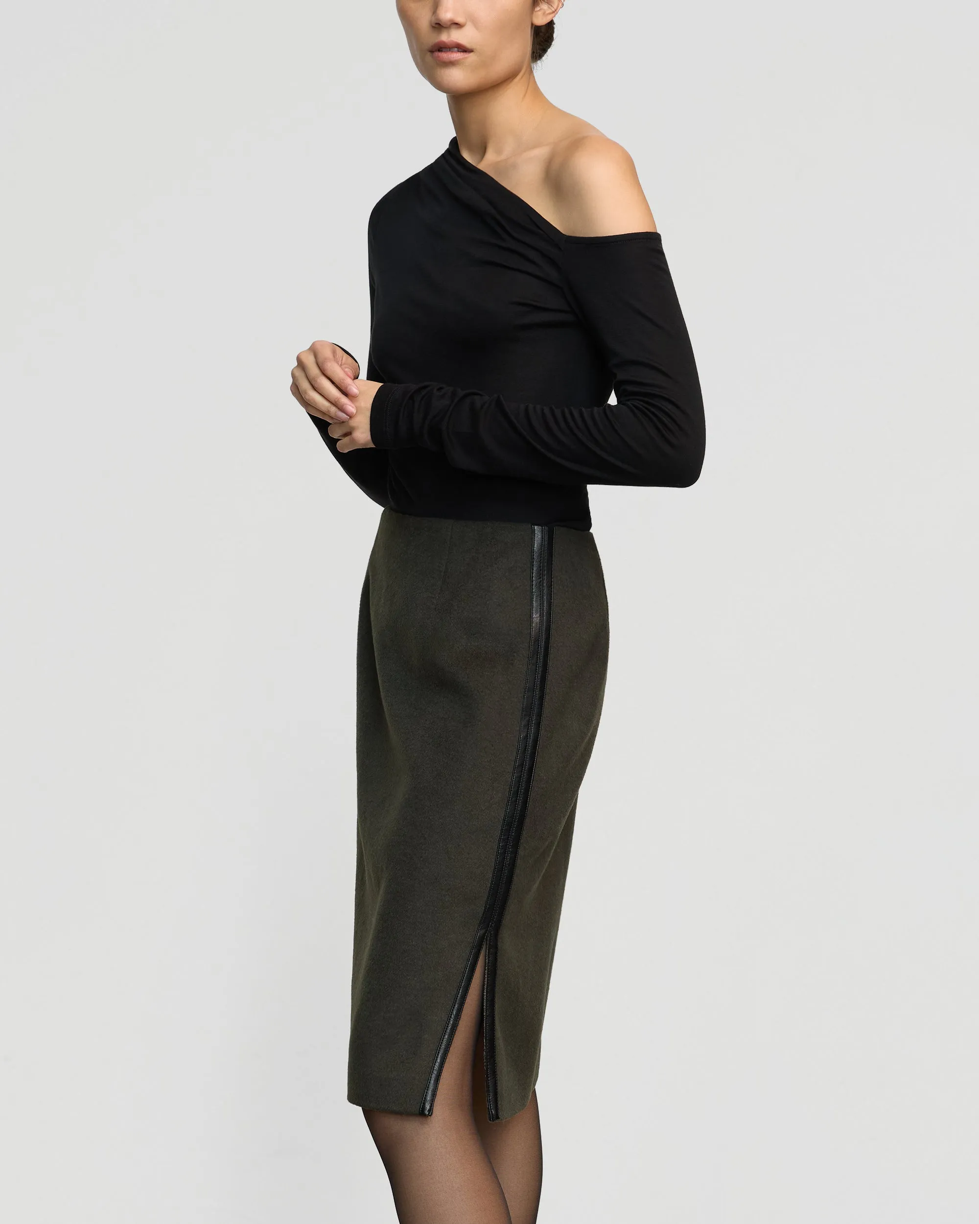 Colette Contrast Leather-Trim Skirt Outfit Shot