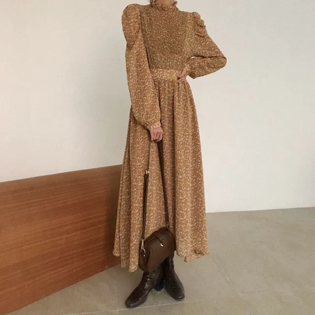 Collar Ruched Sleeve A-line Dress Women Floral Print Elastic Waist