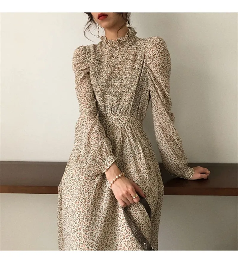 Collar Ruched Sleeve A-line Dress Women Floral Print Elastic Waist