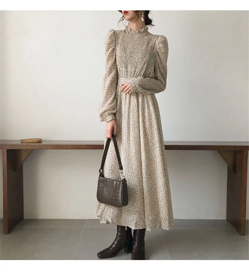 Collar Ruched Sleeve A-line Dress Women Floral Print Elastic Waist