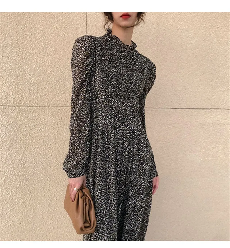 Collar Ruched Sleeve A-line Dress Women Floral Print Elastic Waist
