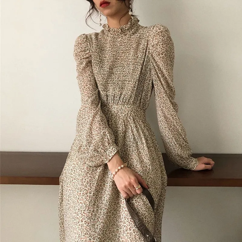 Collar Ruched Sleeve A-line Dress Women Floral Print Elastic Waist