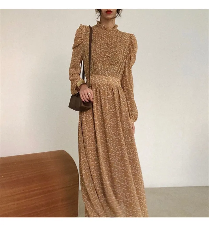 Collar Ruched Sleeve A-line Dress Women Floral Print Elastic Waist