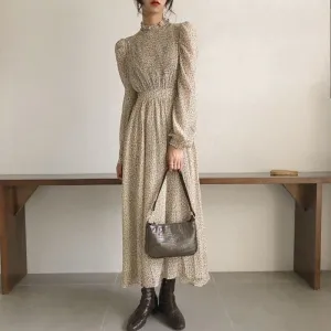 Collar Ruched Sleeve A-line Dress Women Floral Print Elastic Waist