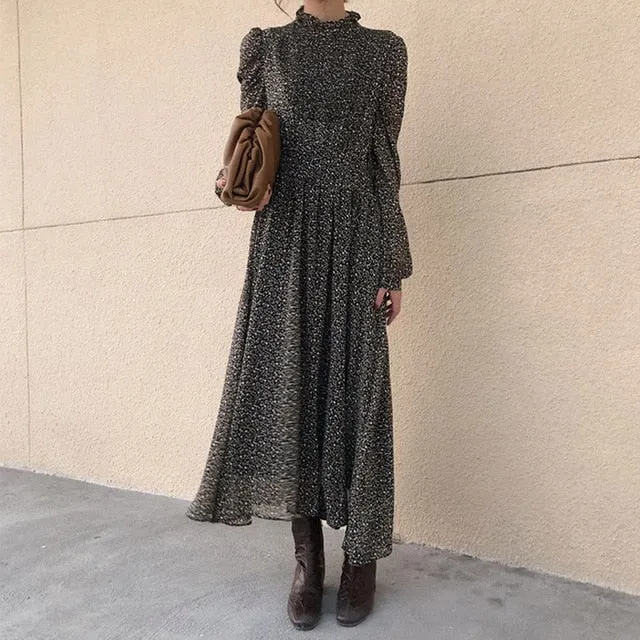 Collar Ruched Sleeve A-line Dress Women Floral Print Elastic Waist