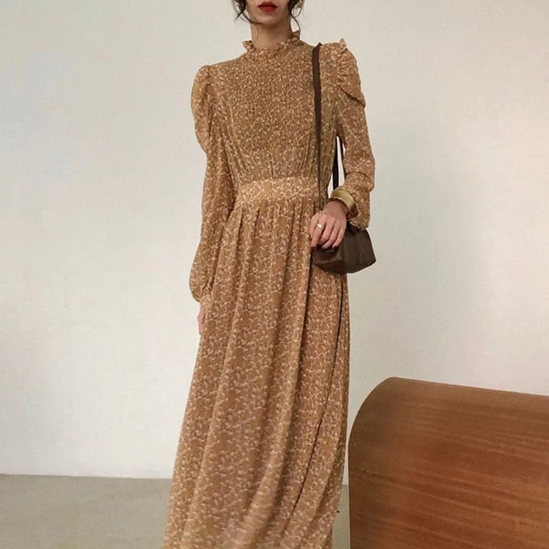 Collar Ruched Sleeve A-line Dress Women Floral Print Elastic Waist