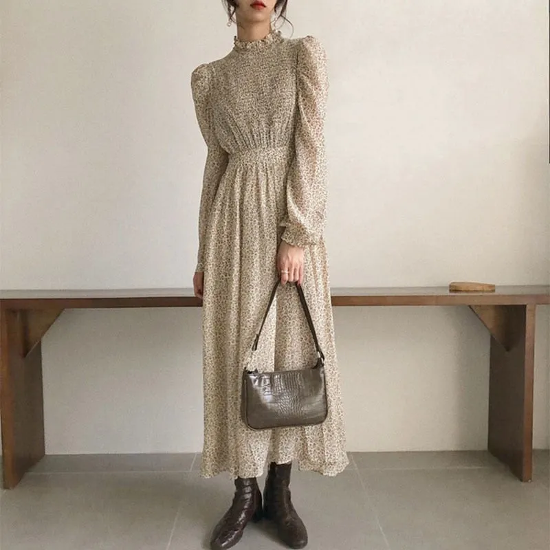 Collar Ruched Sleeve A-line Dress Women Floral Print Elastic Waist