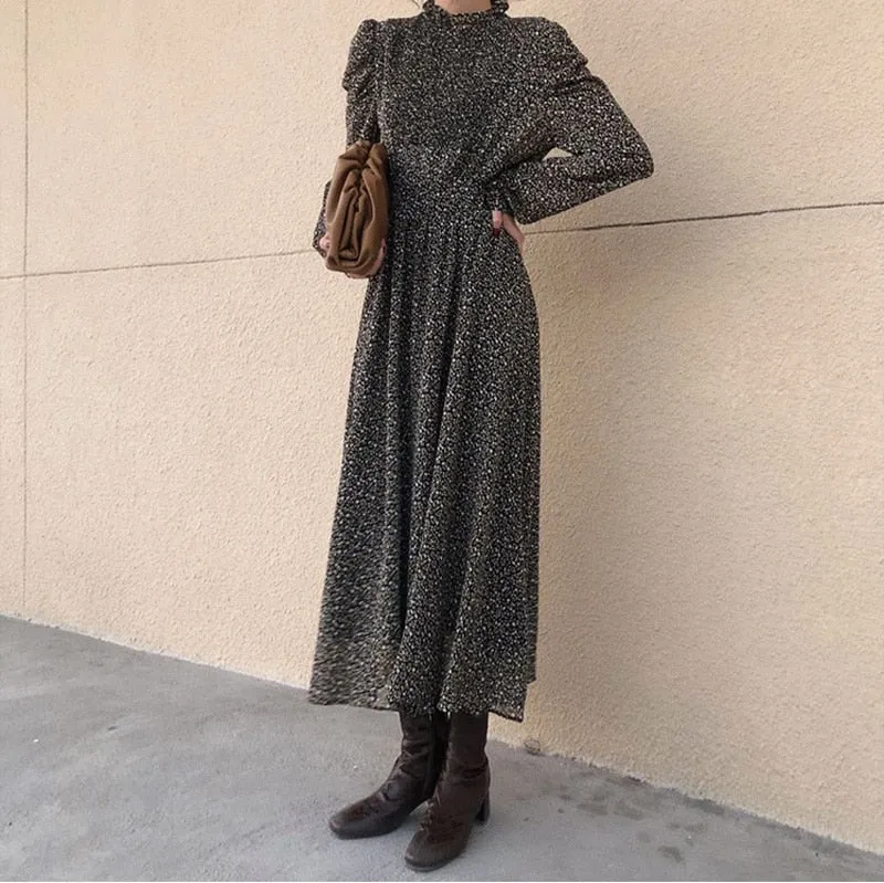 Collar Ruched Sleeve A-line Dress Women Floral Print Elastic Waist
