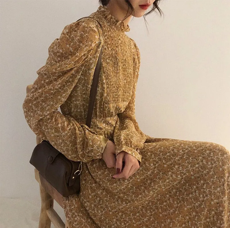 Collar Ruched Sleeve A-line Dress Women Floral Print Elastic Waist