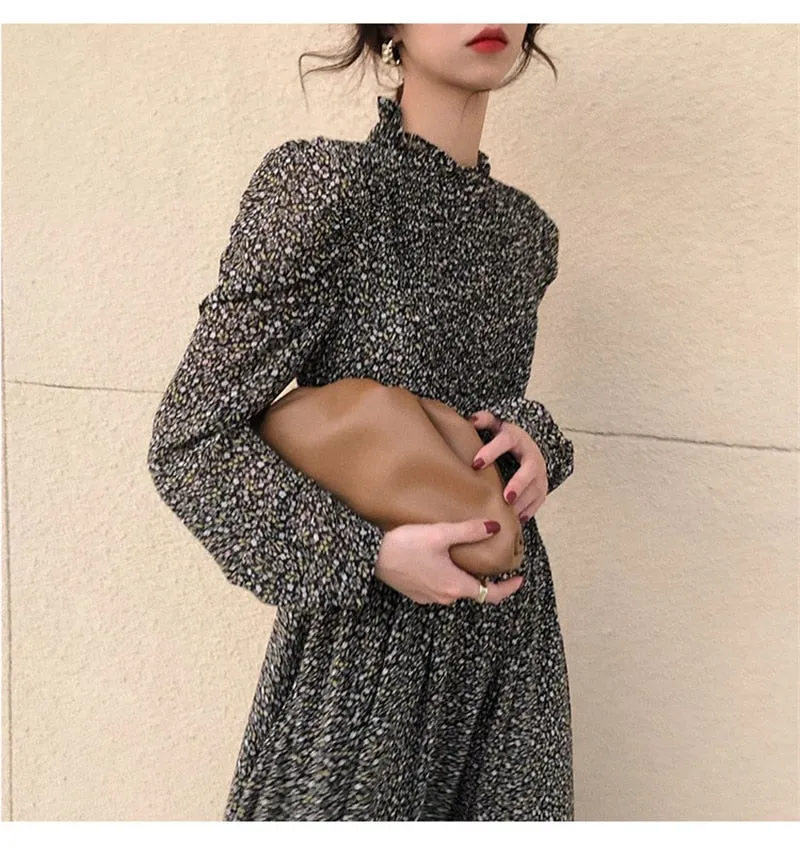 Collar Ruched Sleeve A-line Dress Women Floral Print Elastic Waist