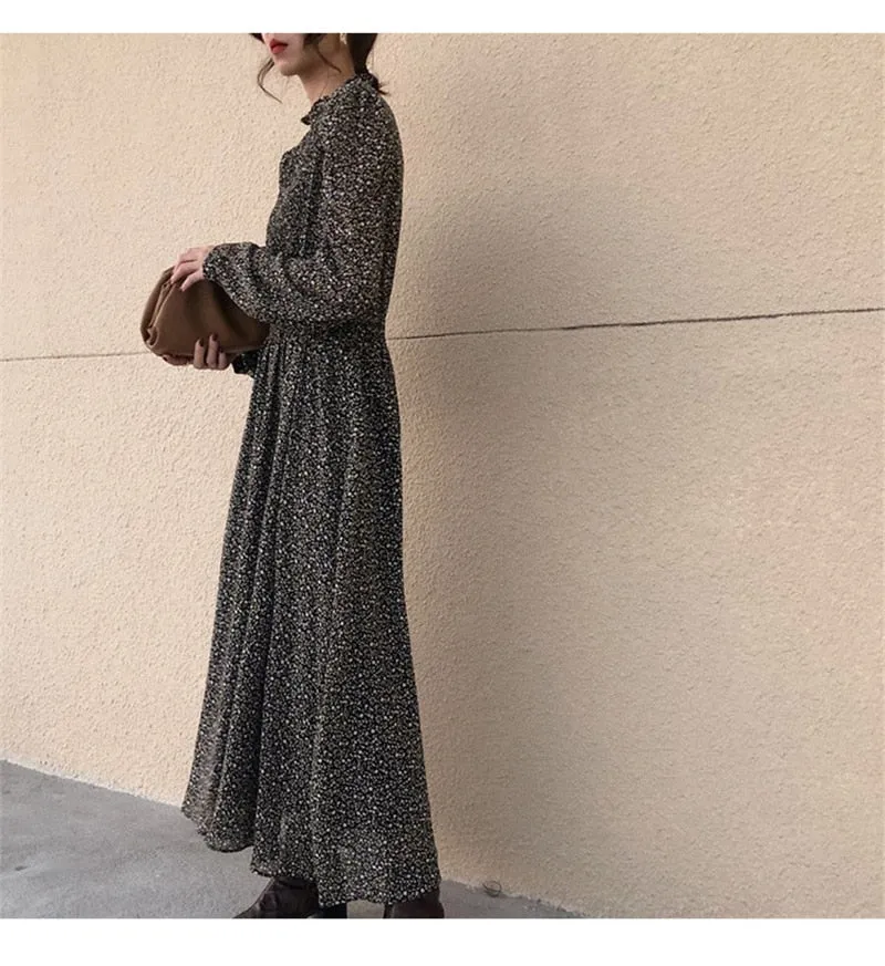 Collar Ruched Sleeve A-line Dress Women Floral Print Elastic Waist