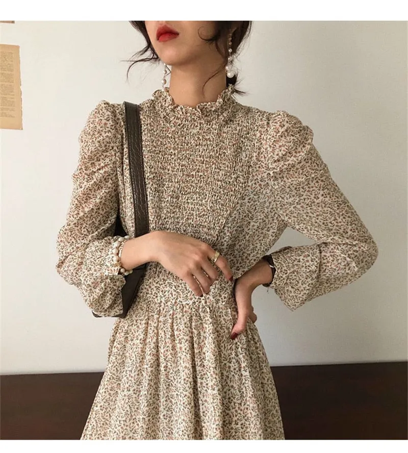 Collar Ruched Sleeve A-line Dress Women Floral Print Elastic Waist