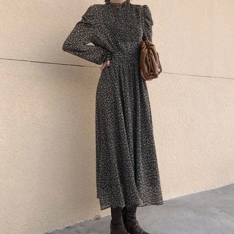 Collar Ruched Sleeve A-line Dress Women Floral Print Elastic Waist