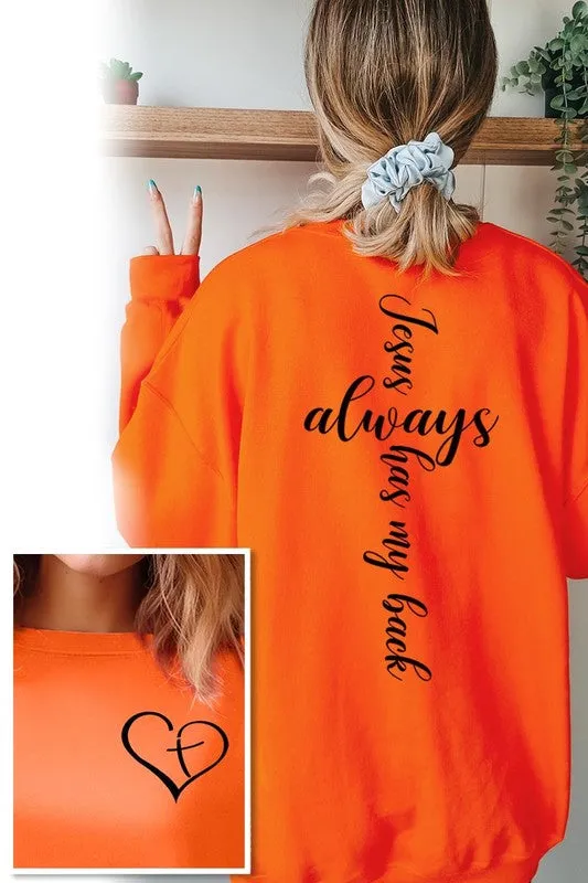 COLOR BEAR "Jesus Always Has my Back" Faith Front Back Graphic Fleece Sweatshirts