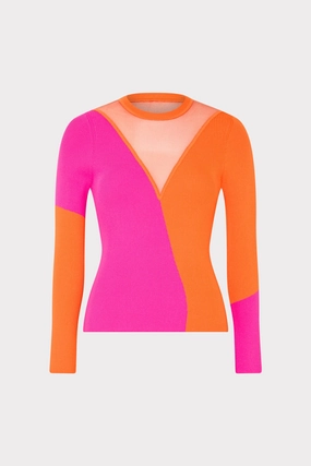 Color Block Sheer Graphic Crewneck Layered Ventilation Design Elastic hem