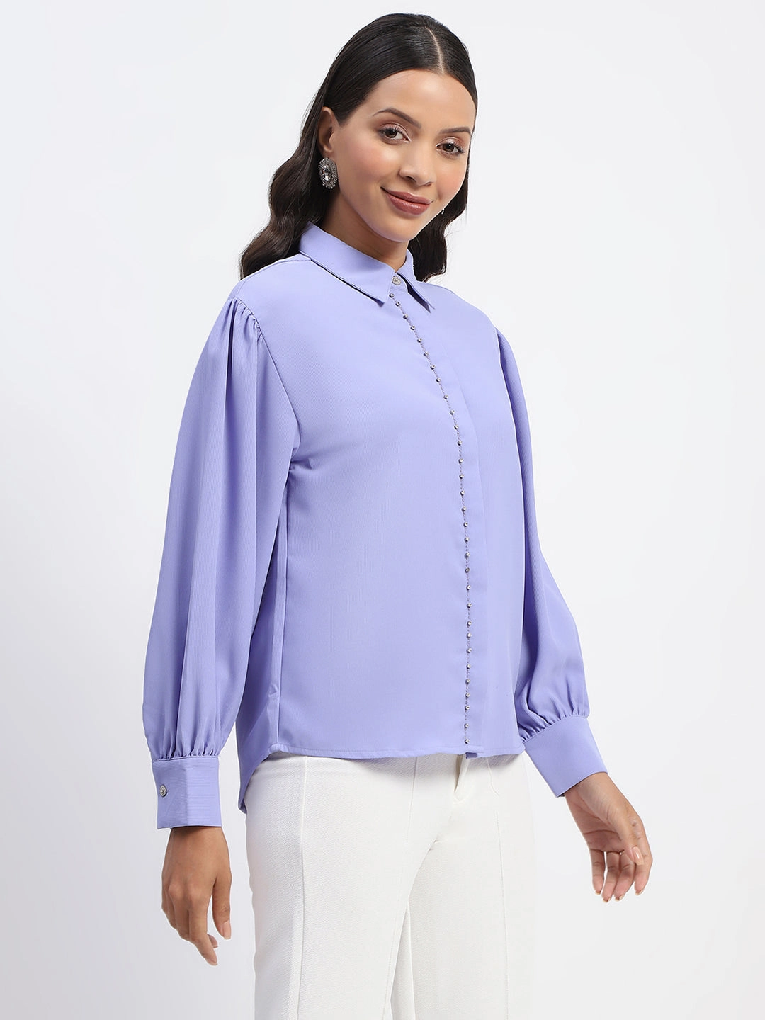 Madame Embellished Solid Mauve Shirt Comfort First Fit