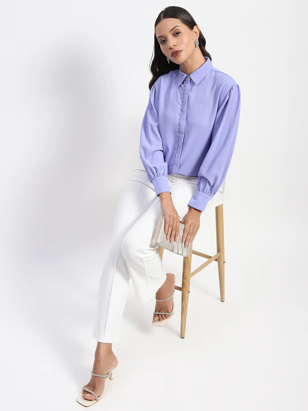 Madame Embellished Solid Mauve Shirt Lightweight Comfort