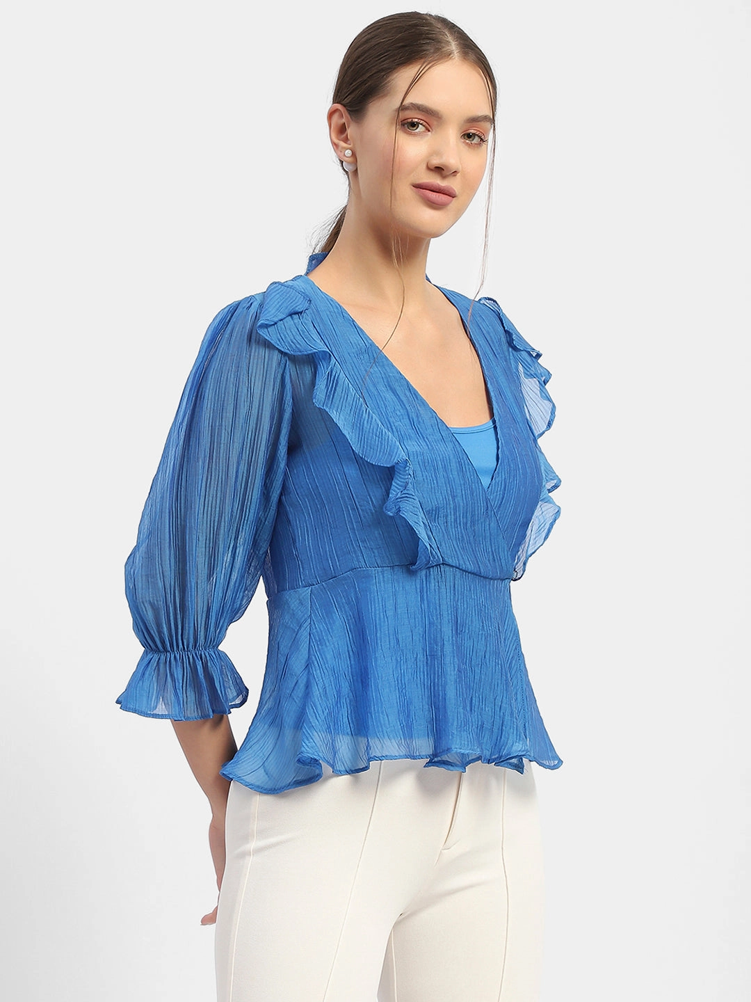 Sun Protective Fabric Compact Jacquard Weave Madame Surplice Neck Royal Blue Poet Sleeve Top