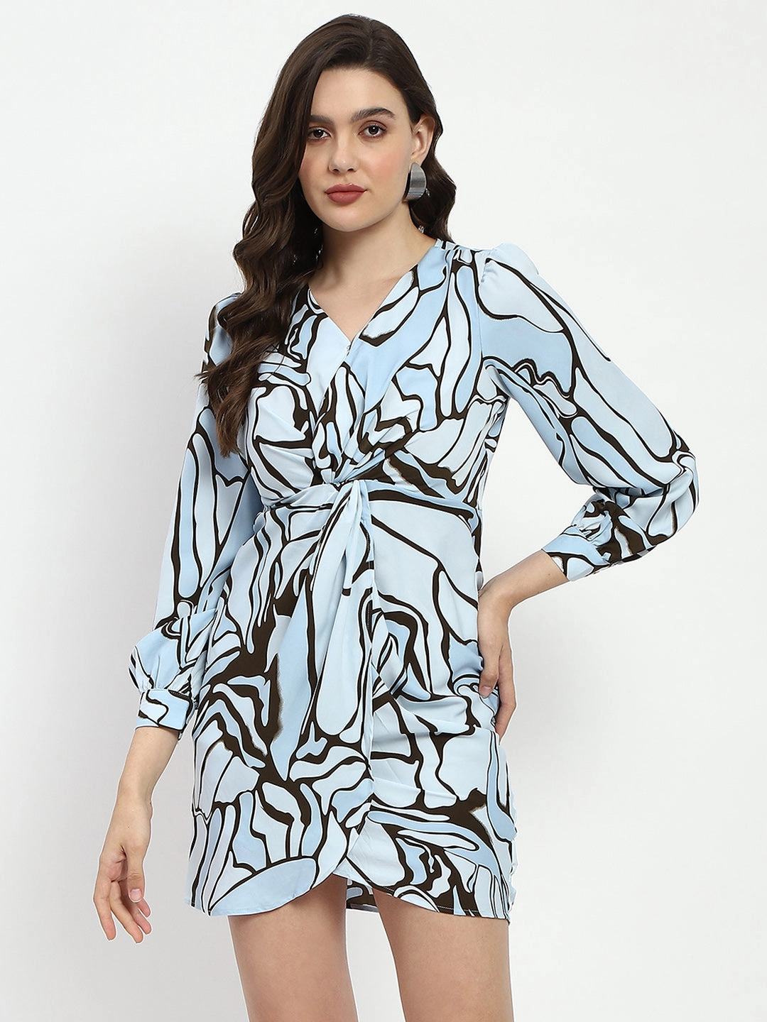 Madame Butterfly Print Wrap Style Surplice Neck Sky Blue Mini Dress Smooth Look