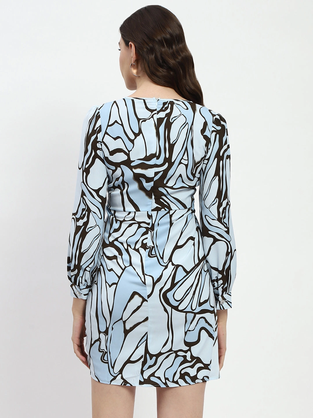 Trend Detail Madame Butterfly Print Wrap Style Surplice Neck Sky Blue Mini Dress