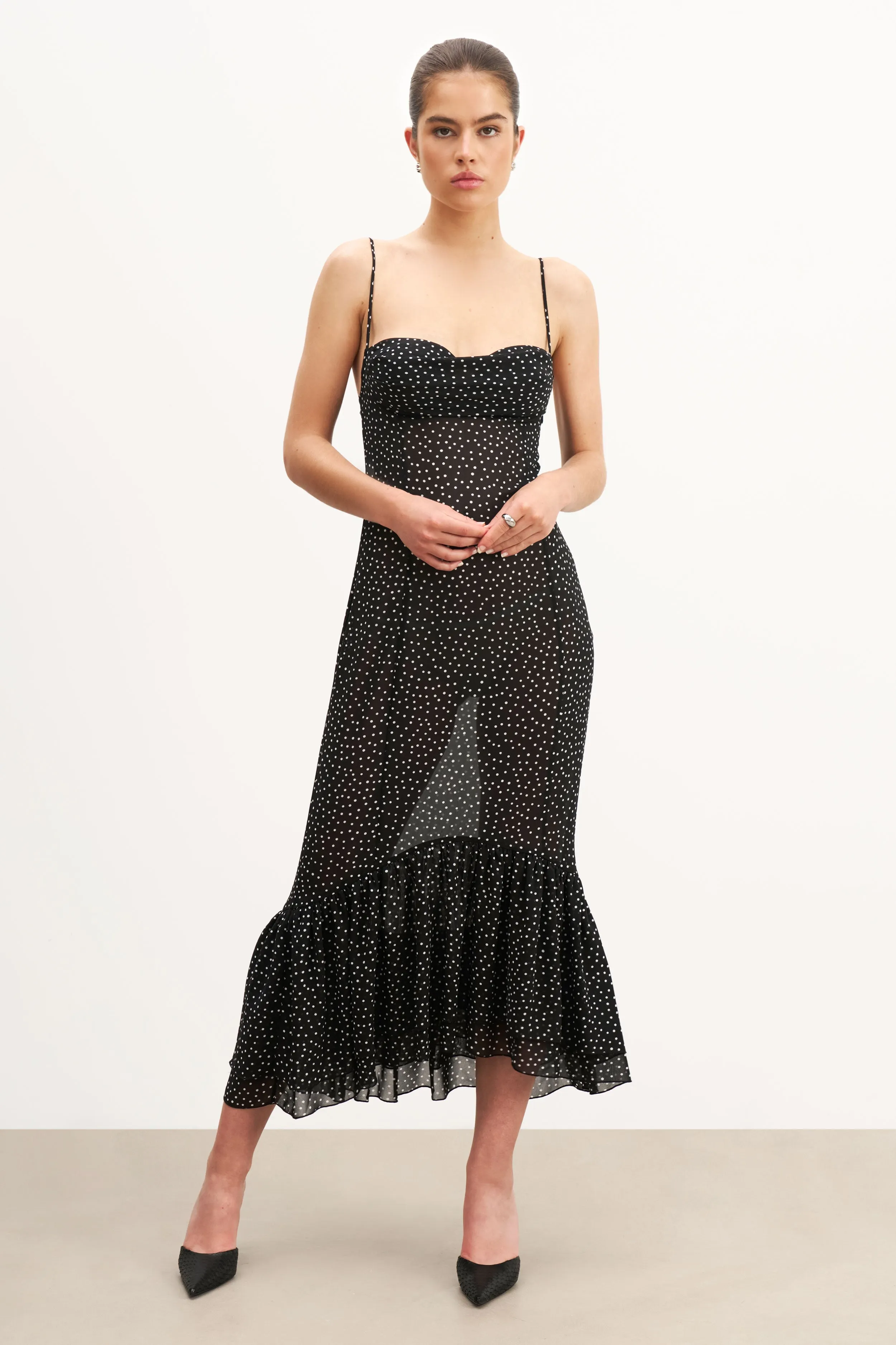 Calm Flow All Time Fit Chiffon Ruffle Ruched Bust Midi Dress - Mini Polka Dot