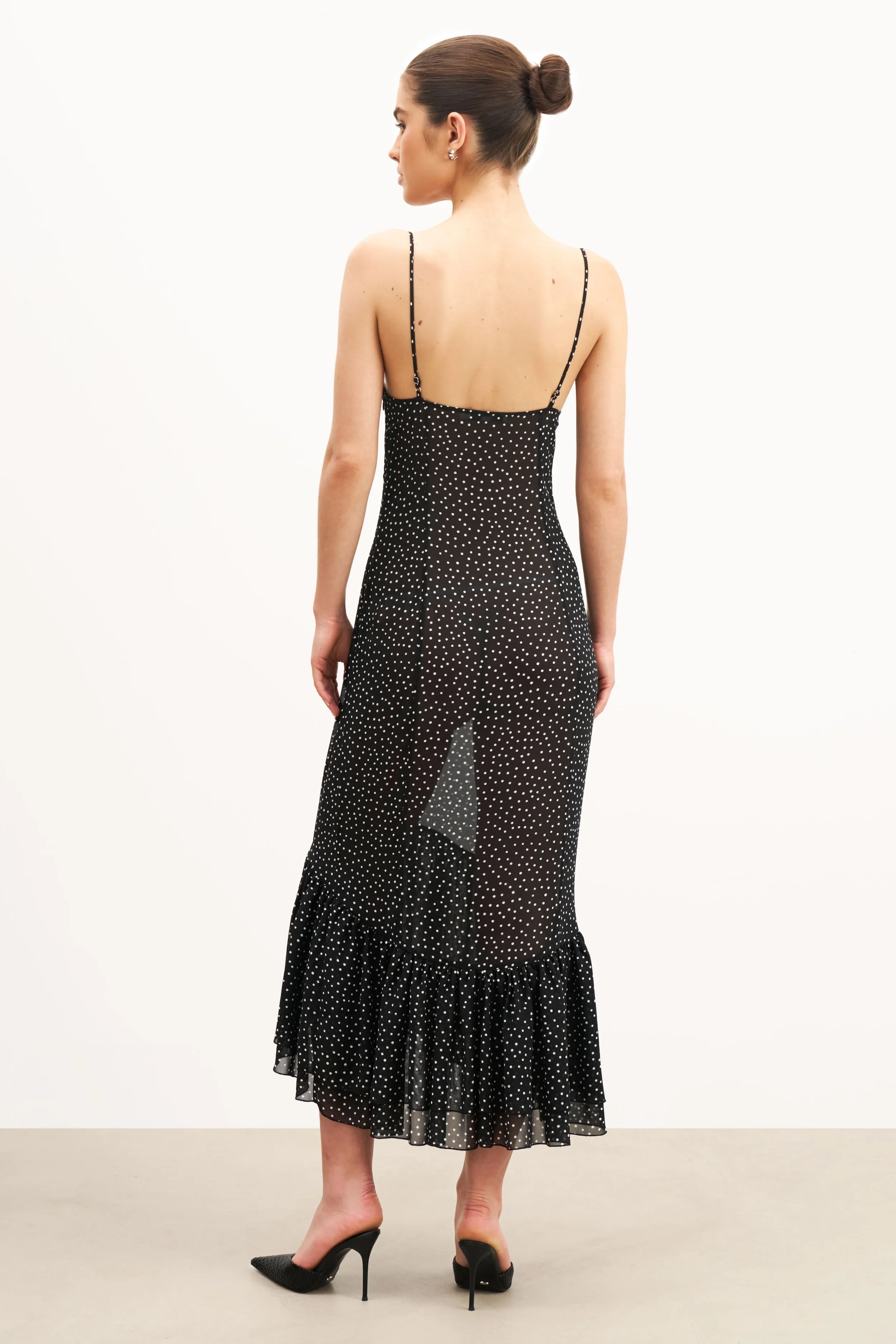 Chiffon Ruffle Ruched Bust Midi Dress - Mini Polka Dot Wedding guest