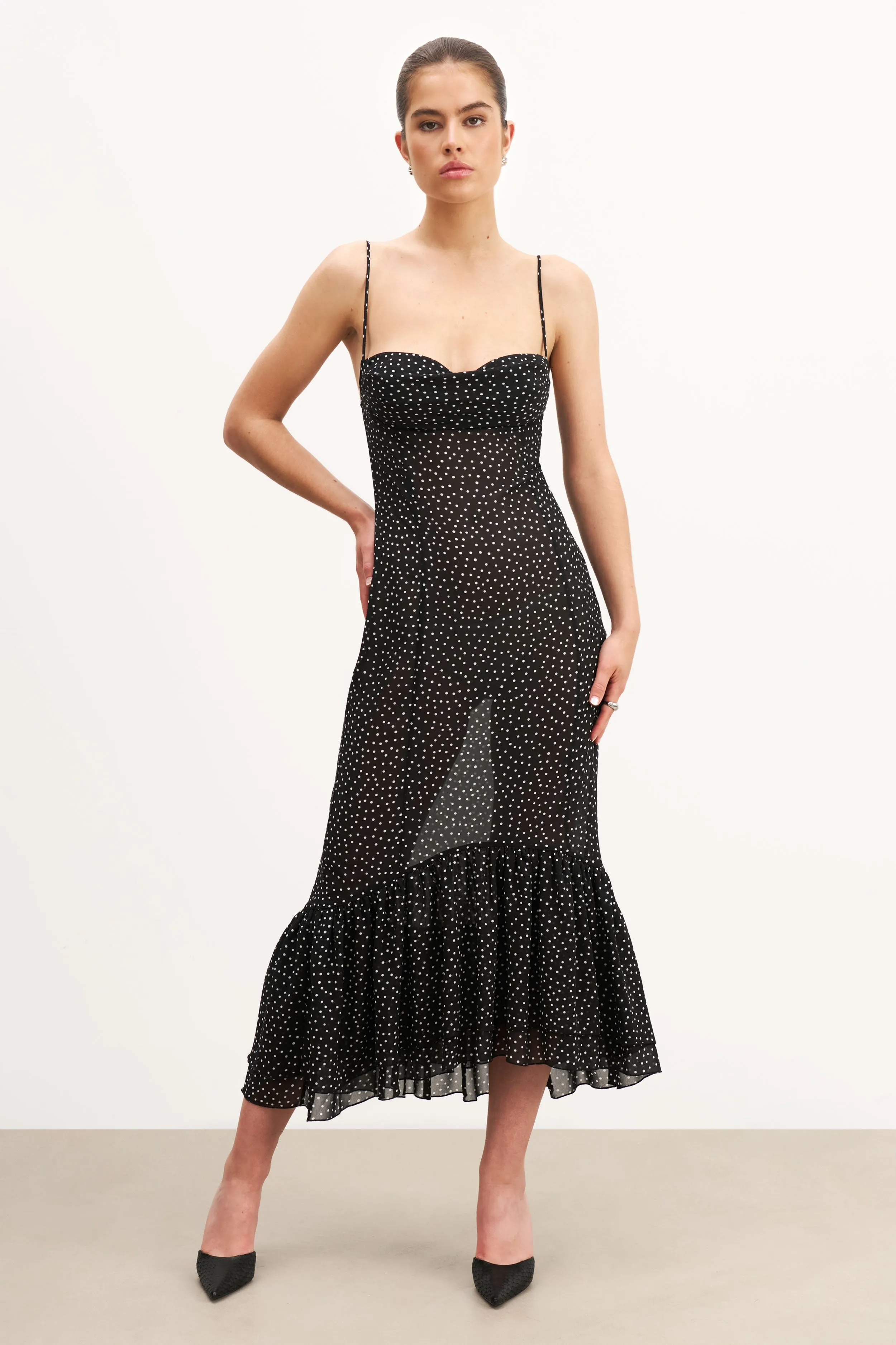 Chiffon Ruffle Ruched Bust Midi Dress - Mini Polka Dot Casual Days