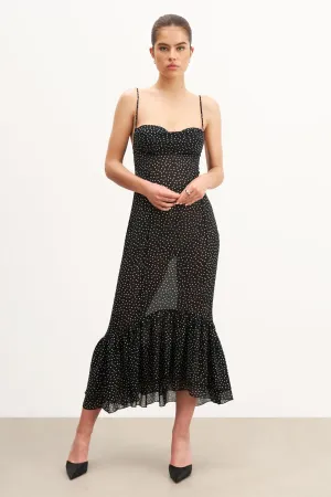 Calm Flow All Time Fit Chiffon Ruffle Ruched Bust Midi Dress - Mini Polka Dot