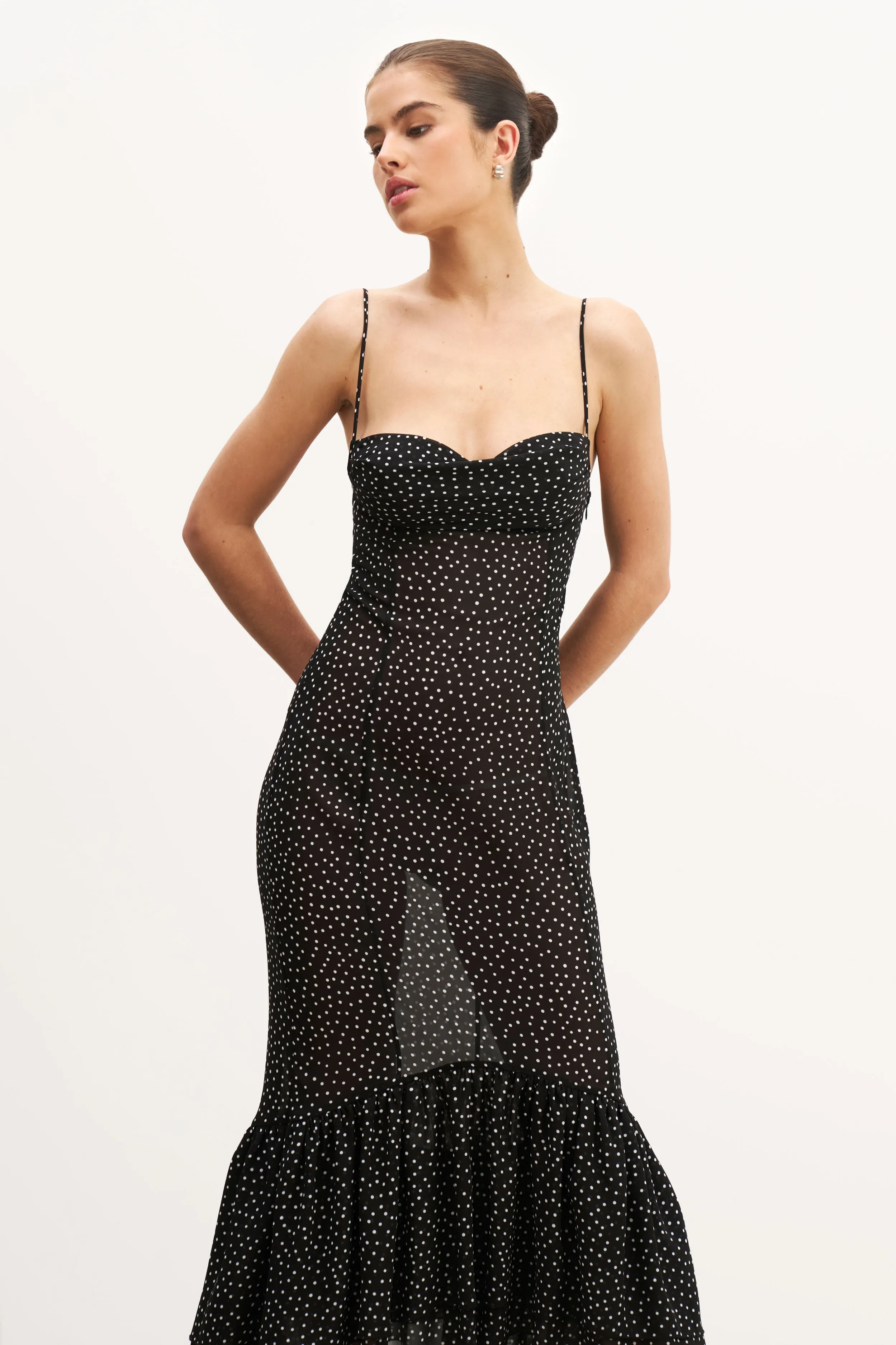 Date night Balanced Fit Chiffon Ruffle Ruched Bust Midi Dress - Mini Polka Dot