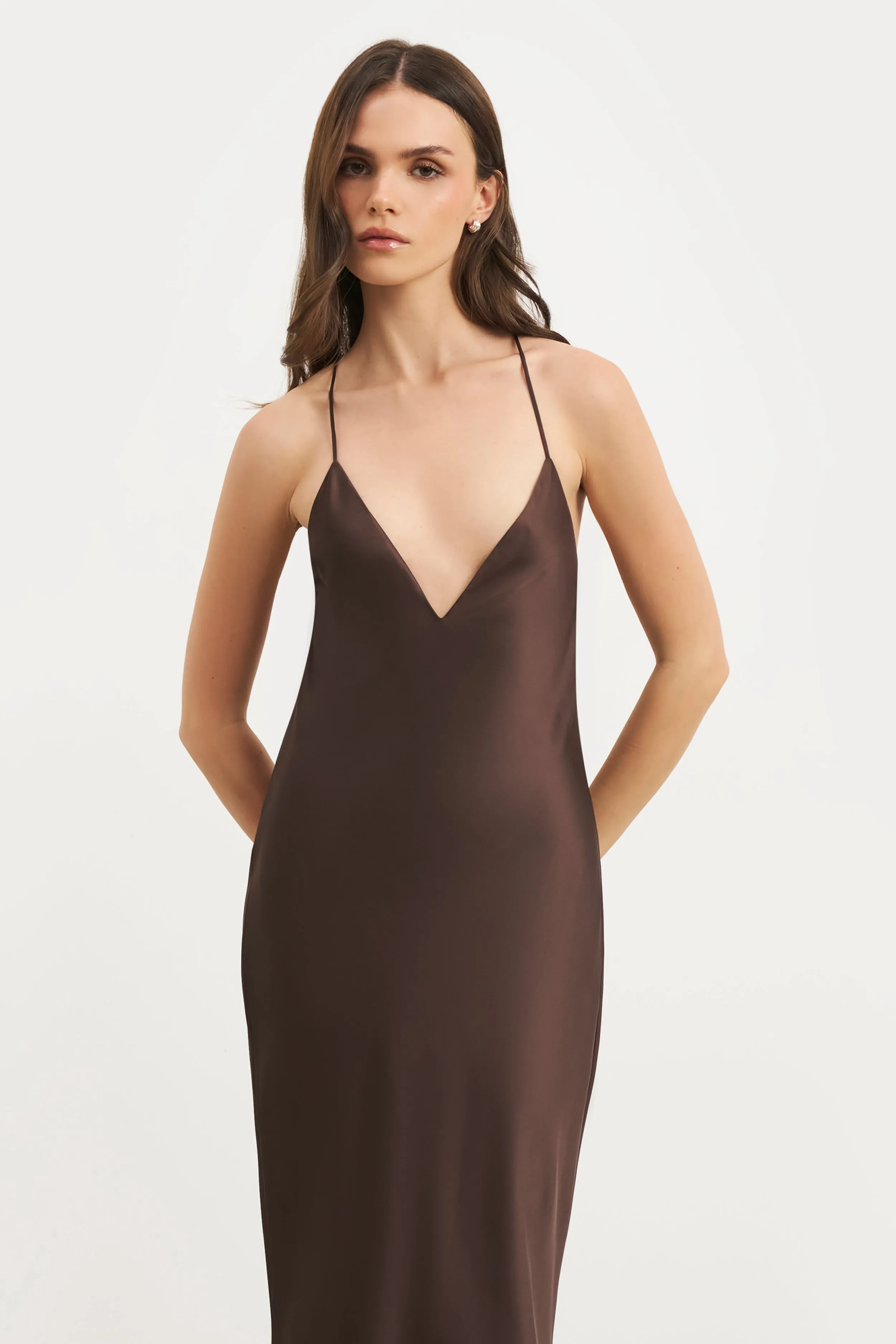 Satin Slinky Cowl Back Gown - Carob Casual Must-Have