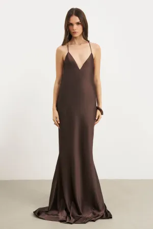 Neutral Finish Satin Slinky Cowl Back Gown - Carob