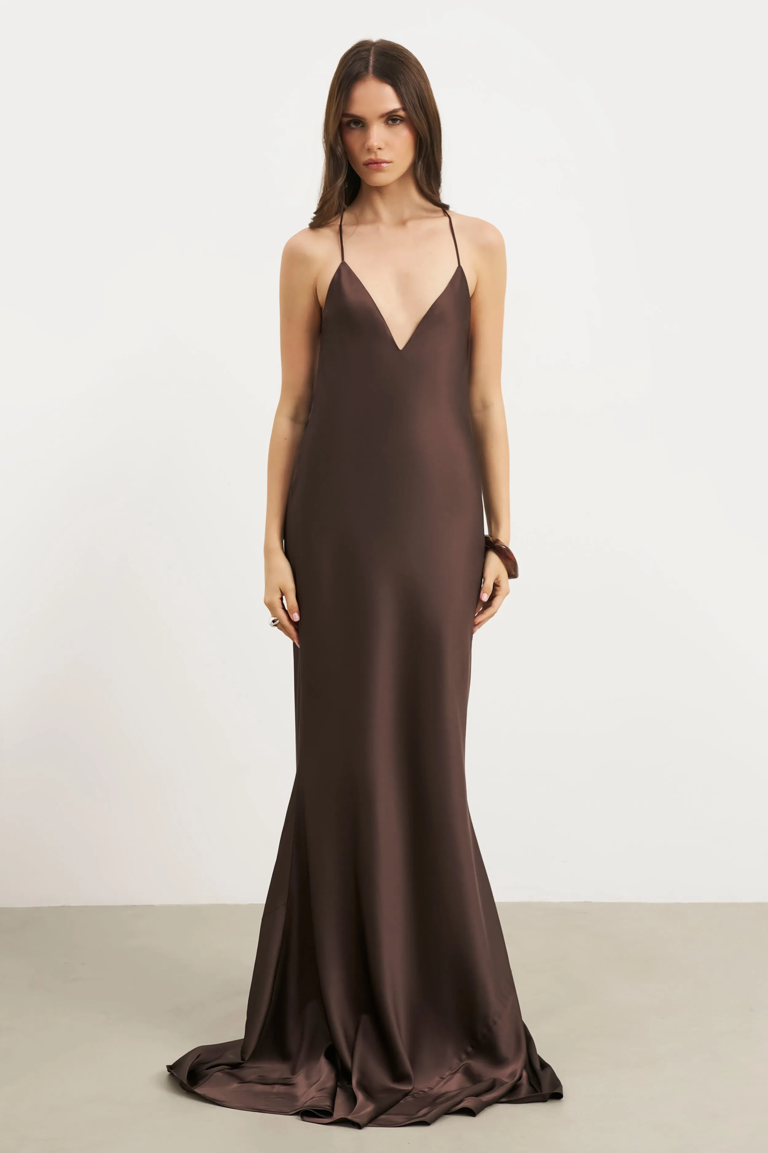 Neutral Finish Satin Slinky Cowl Back Gown - Carob