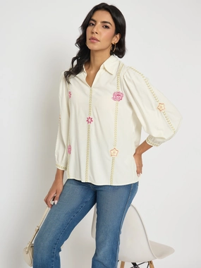 Madame Off White Viscose Blend Floral Embroidered Shirt HiddenZipper
