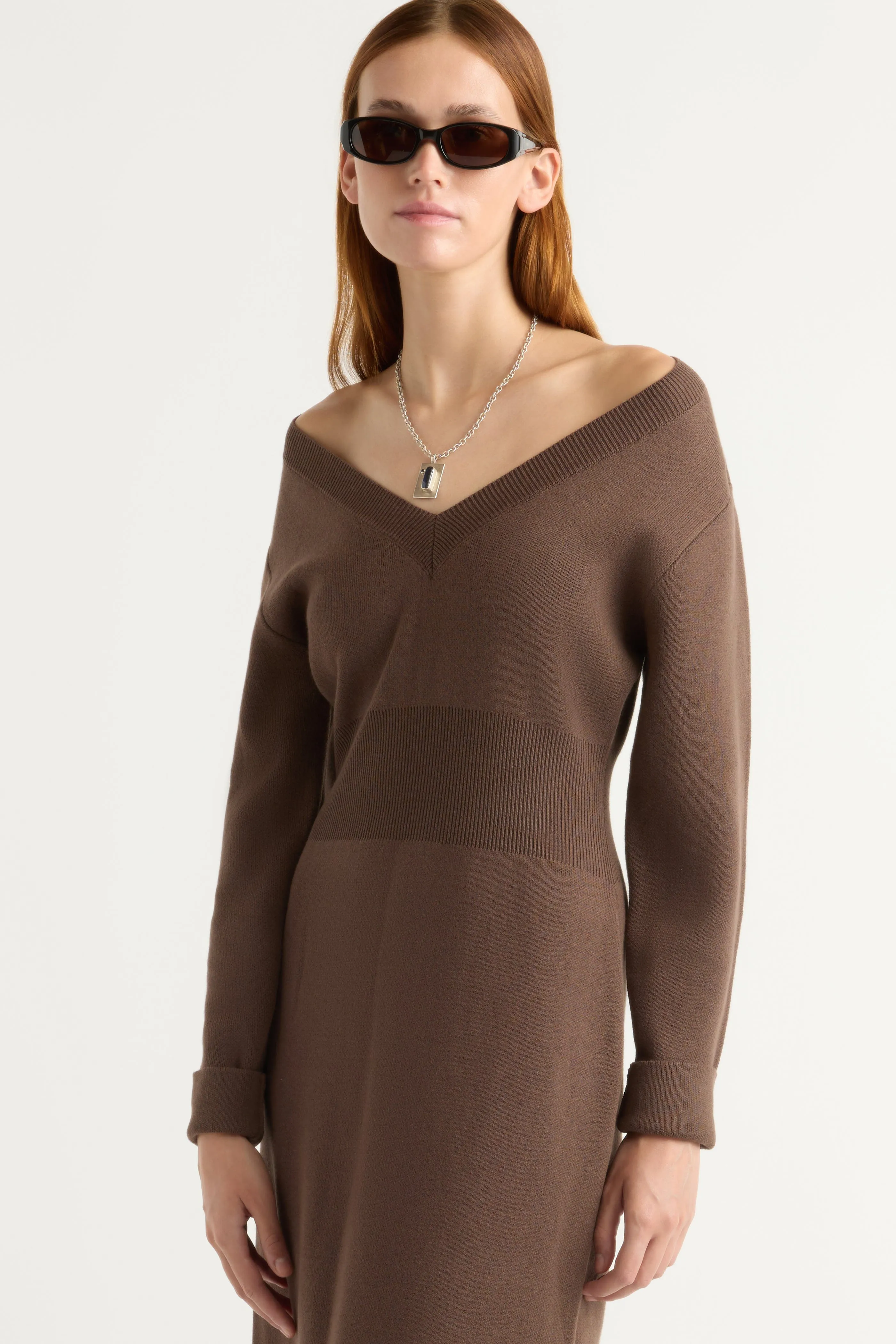 Workwear Comfort Bora Off-Shoulder V-Neck Sweater Dress