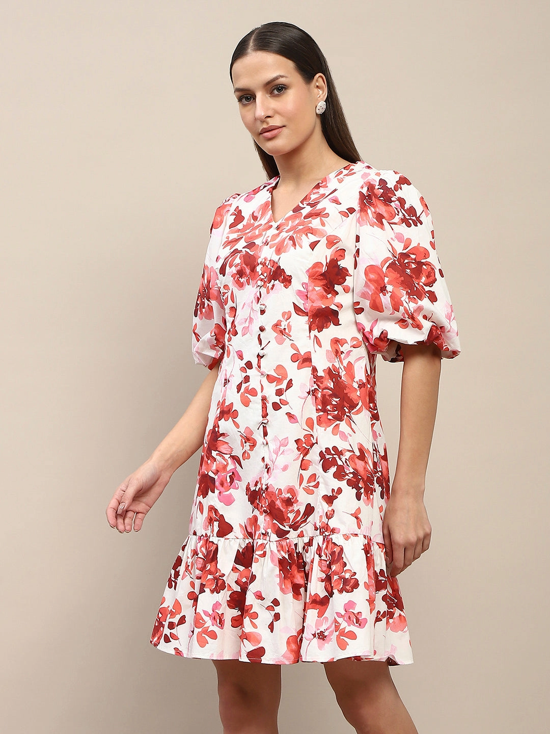 Subtle Stitch Nature Glow Madame Cotton Floral Print Tiered Red Mini Dress