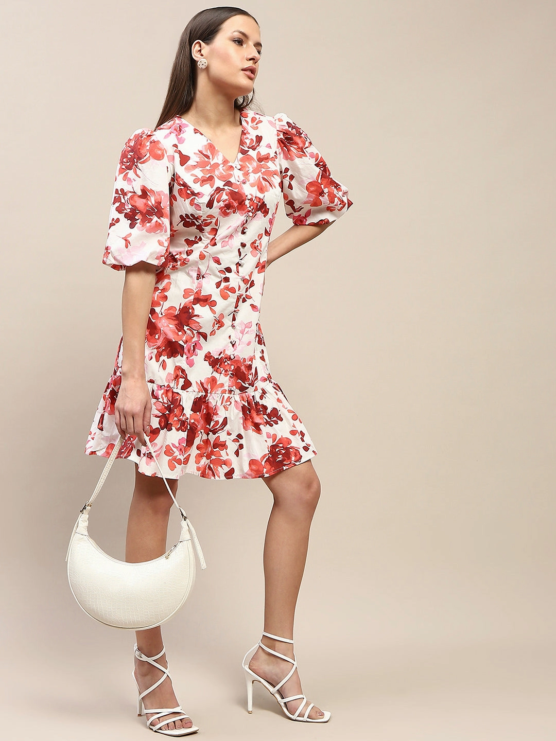 Madame Cotton Floral Print Tiered Red Mini Dress Smart and Elegant