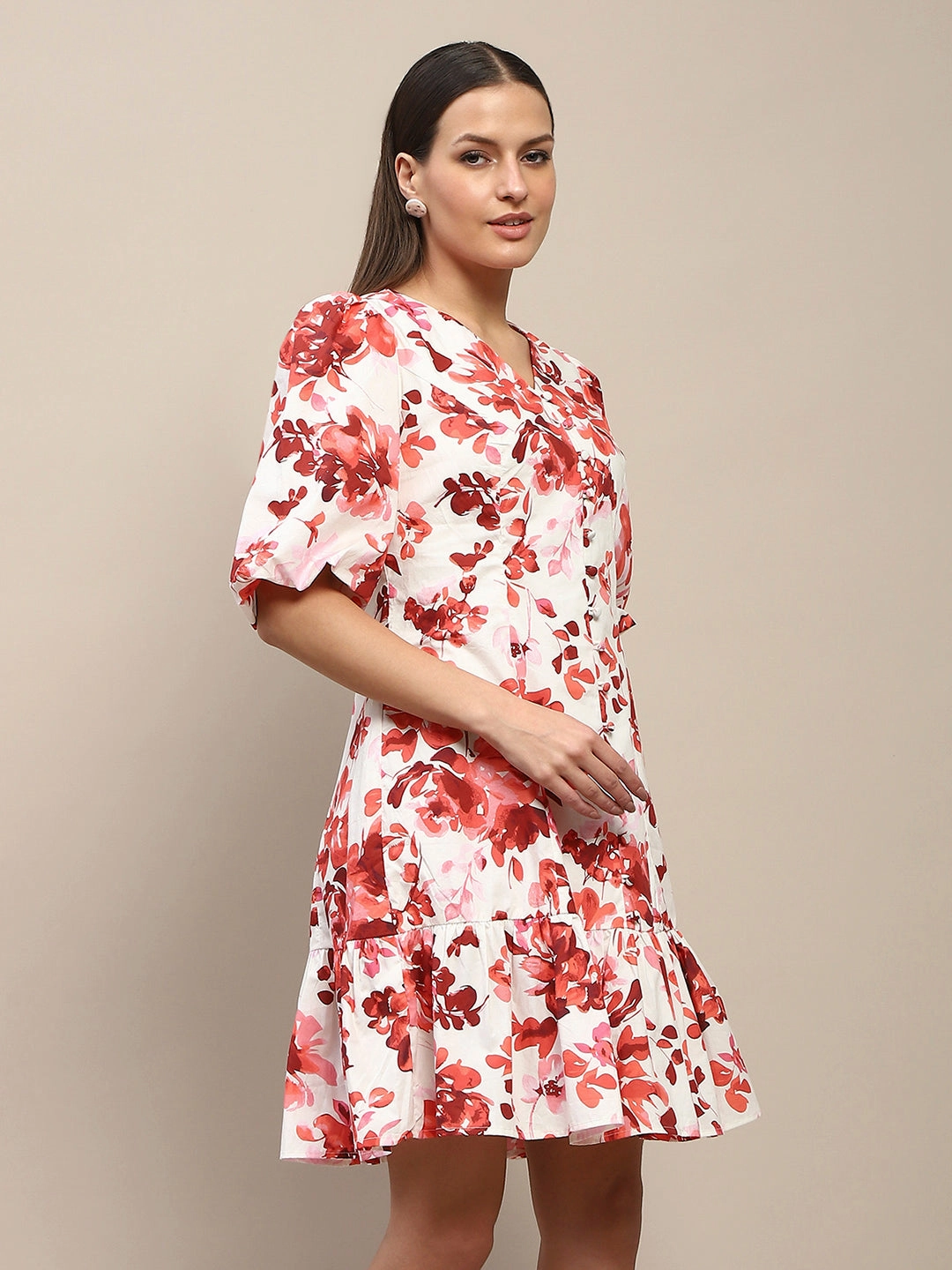 Timeless Look Wear Madame Cotton Floral Print Tiered Red Mini Dress