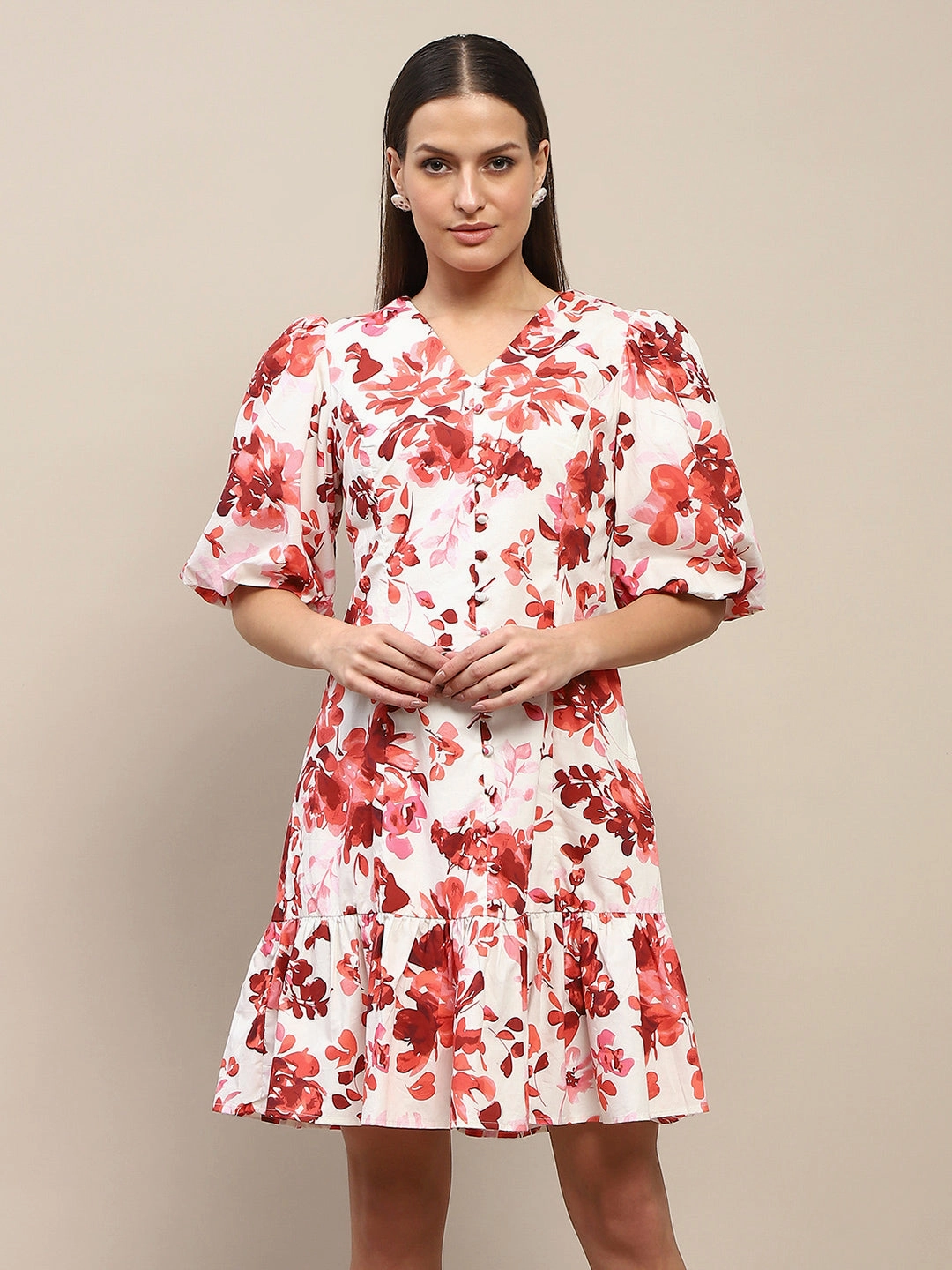 Madame Cotton Floral Print Tiered Red Mini Dress Classic Grace flattering appearance