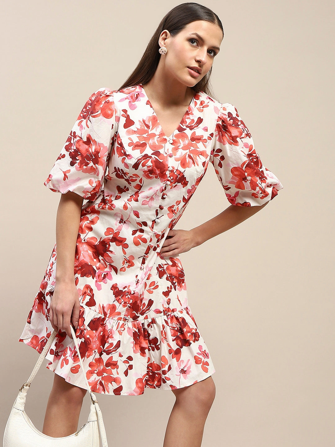 Madame Cotton Floral Print Tiered Red Mini Dress Pink Glow