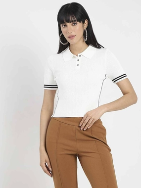Madame Contrast Trim Polo Neck White Knitted T-shirt Double Stitched Hem Casual Fit