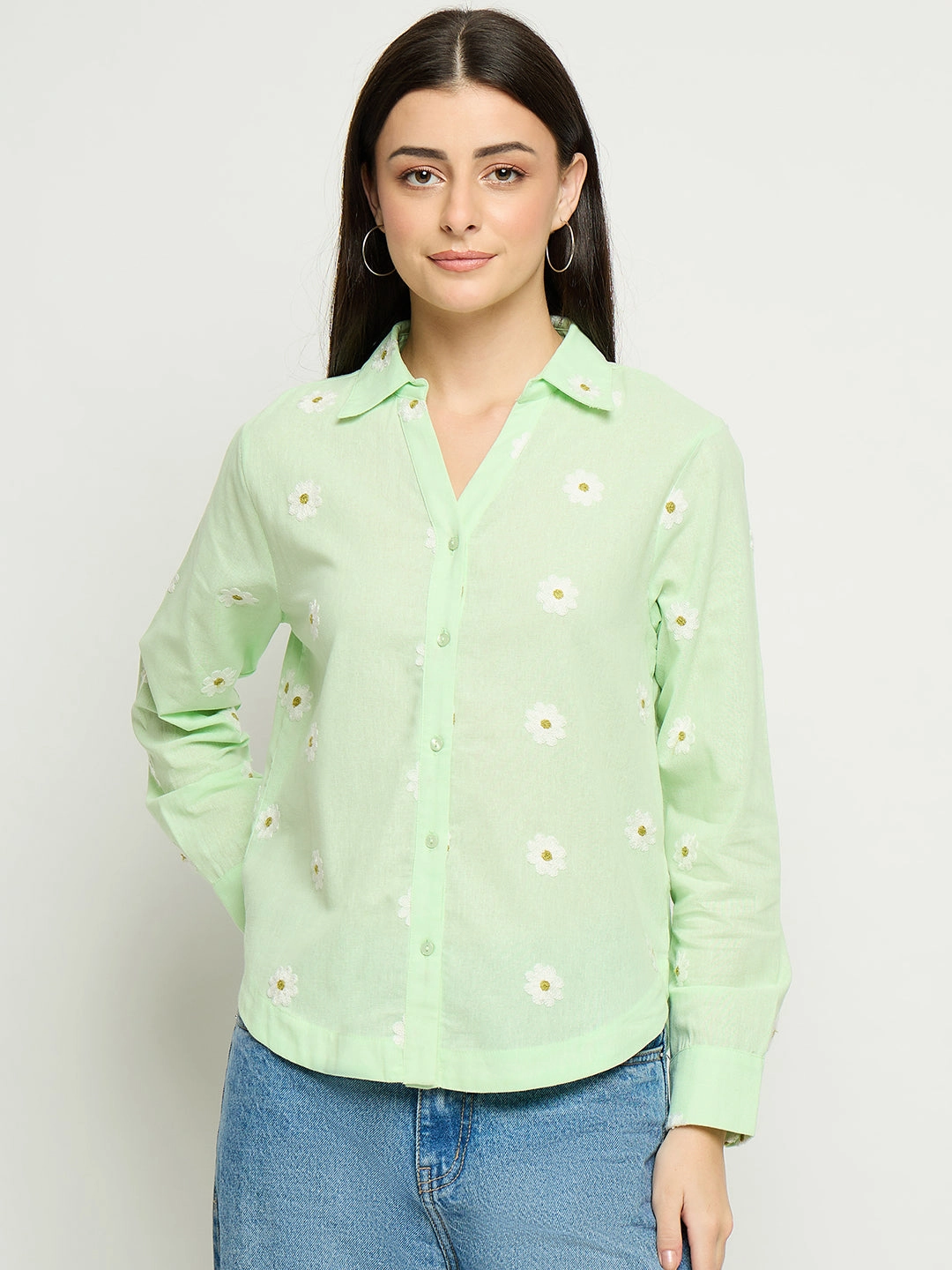 Madame Floral Embroidery Green Cotton Shirt Bold colors Reinforced Side Vents