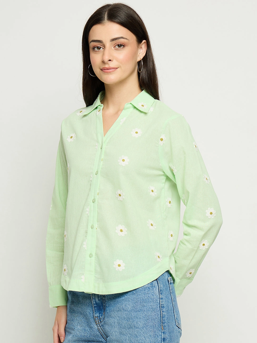 Morning Comfort Madame Floral Embroidery Green Cotton Shirt