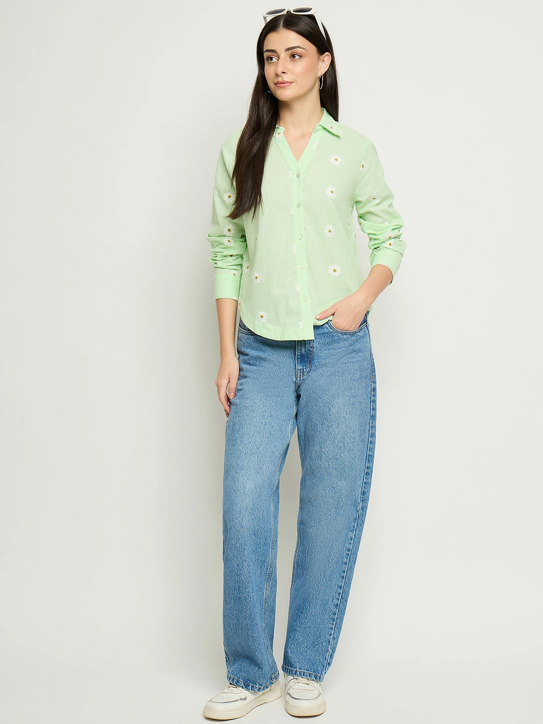 Soft touch finish Madame Floral Embroidery Green Cotton Shirt